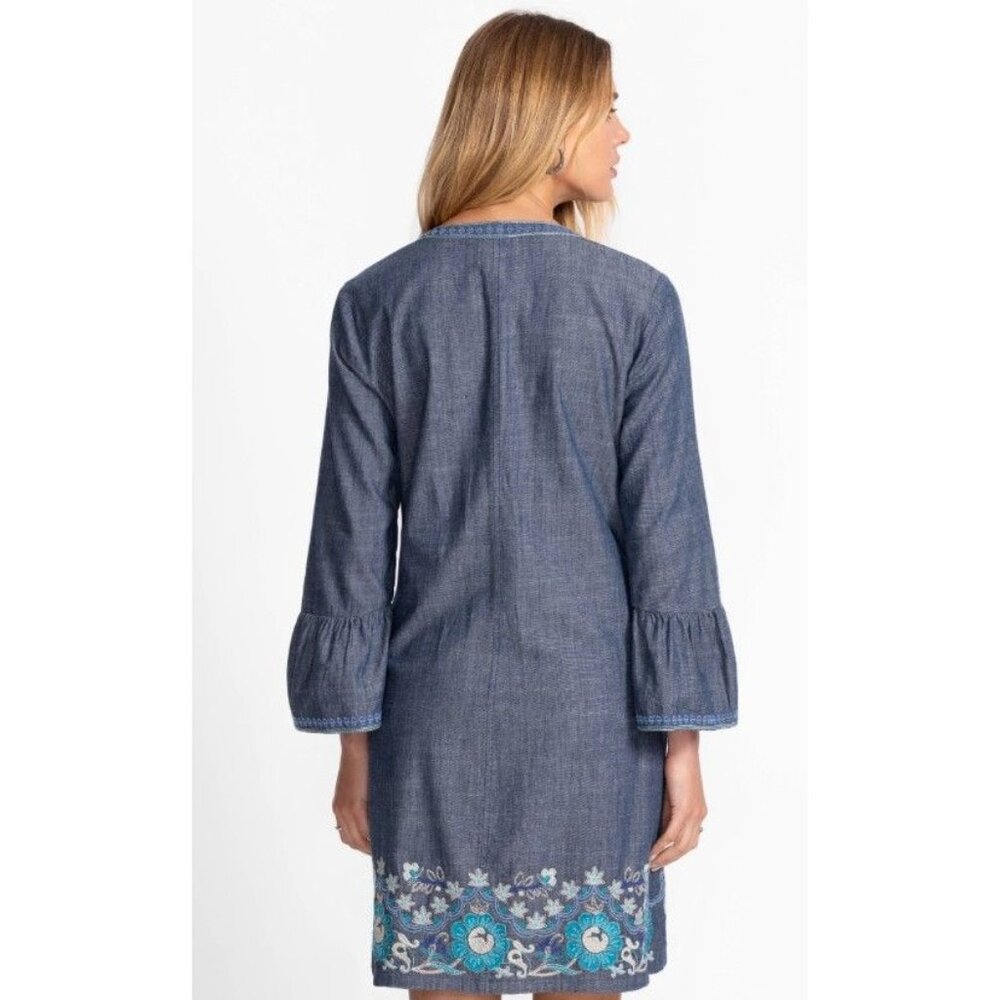 NWT Johnny Was Ruffle Sleeve Embroidered Dress Kikio Denim Blue V-Neck Size S - Picture 4 of 10